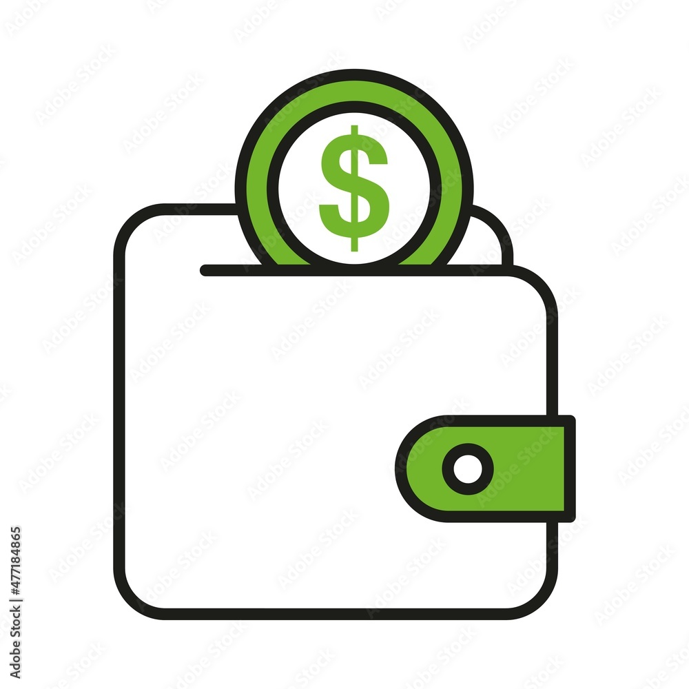 Coin with dollar symbol in wallet. Green and white illustration with black outline. Simple flat three color vector icon for website, app, print, presentation, and more Coin with dollar symbol in wallet. Green and white illustration with black outline. Simple flat three color vector icon for website, app, print, presentation, and more