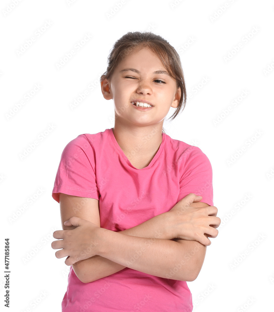 Little girl scratching herself on white background Little girl scratching herself on white background