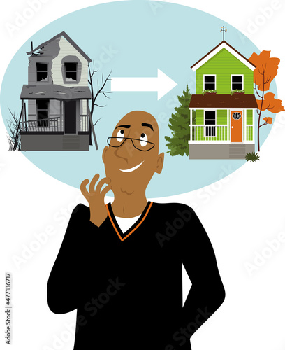 Mature man planning to renovate and flip an old dilapidated house, EPS 8 vector illustration	
