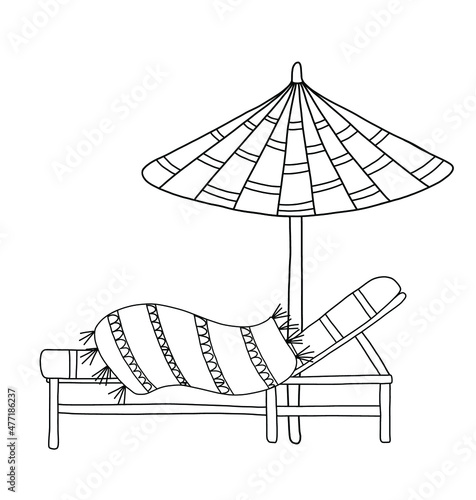 Graphic vector illustration about beach rest with lounger, towel and parasol.