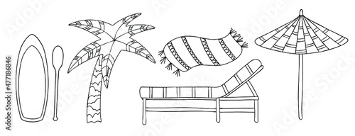 Vector beach set: palm, lounger, towel, parasol, sup, paddle.   Graphic illustration for your design.