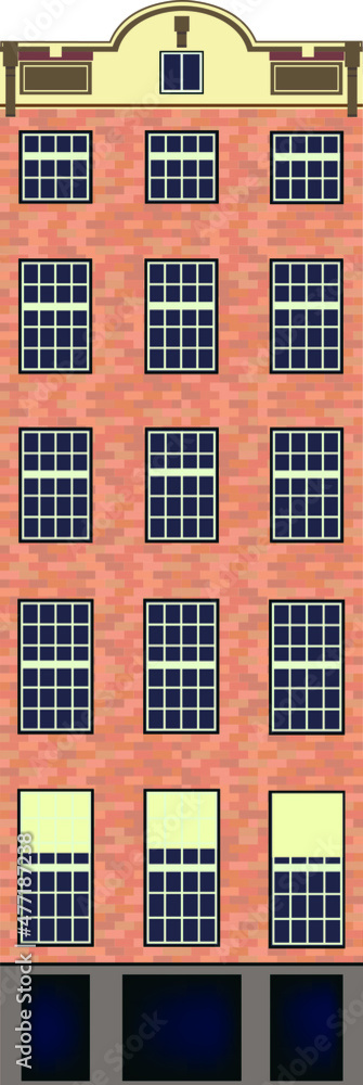 Fototapeta premium Traditional Netherlands detailed canal House with facade, entrance and mansard roof. Flat design of Narrow historic holland house. Old Amsterdam house as logo or emblem. Vintage architecture template