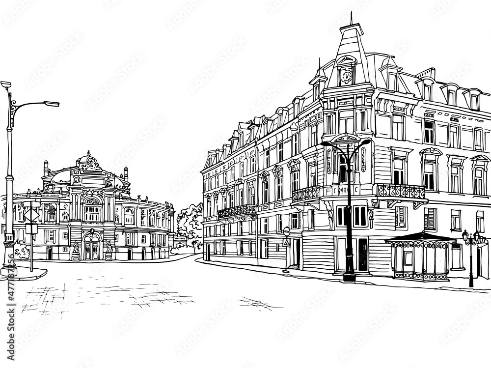 Beautiful square of old Odessa, Ukraine. Urban landscape in hand drawn sketch style. Ink line sketch. Vector illustration on white. Without people.