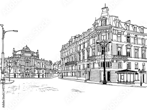 Beautiful square of old Odessa, Ukraine. Urban landscape in hand drawn sketch style. Ink line sketch. Vector illustration on white. Without people.