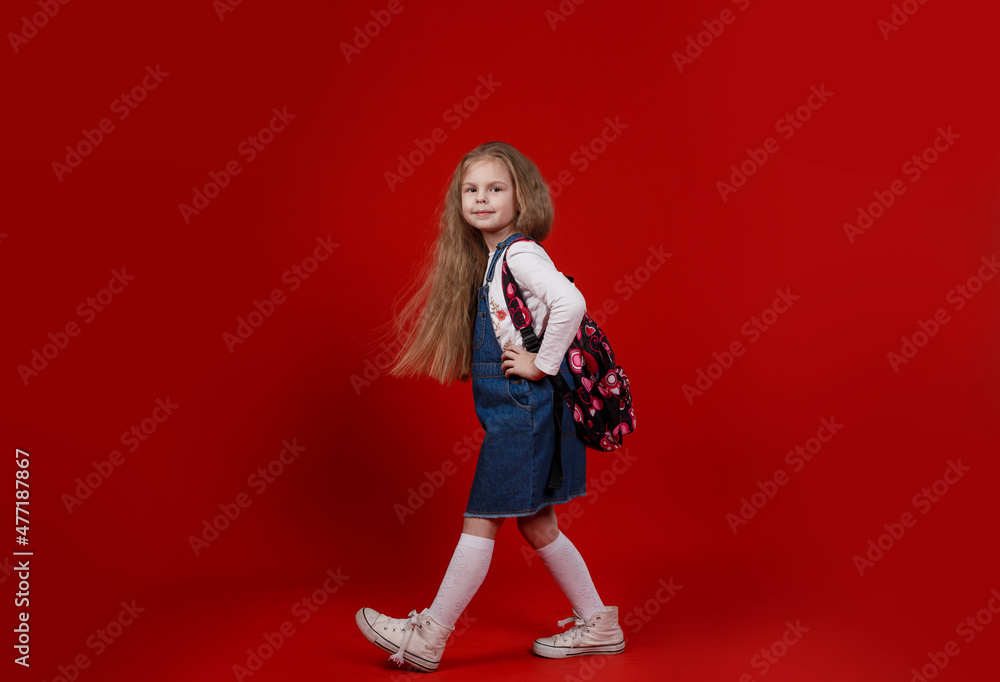 a beautiful little schoolgirl in a denim dress with a backpack on her shoulders walks on a red isolated background.