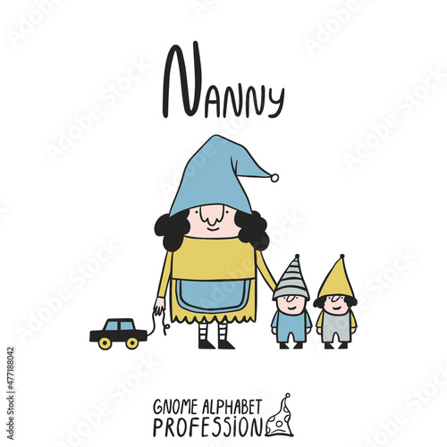 Cute gnome alphabet Profession. Letter N - Nanny. photo