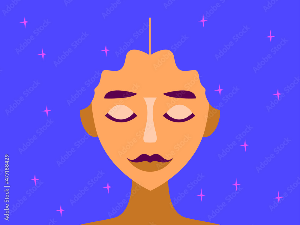 Vector graphics - a beautiful young woman with closed eyes and blue hair like a starry sky. Concept - healthy sleep and meditation Vector graphics - a beautiful young woman with closed eyes and blue hair like a starry sky. Concept - healthy sleep and meditation
