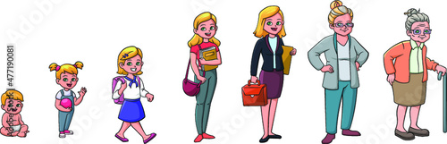 cartoon vector illustration of an age progression-female