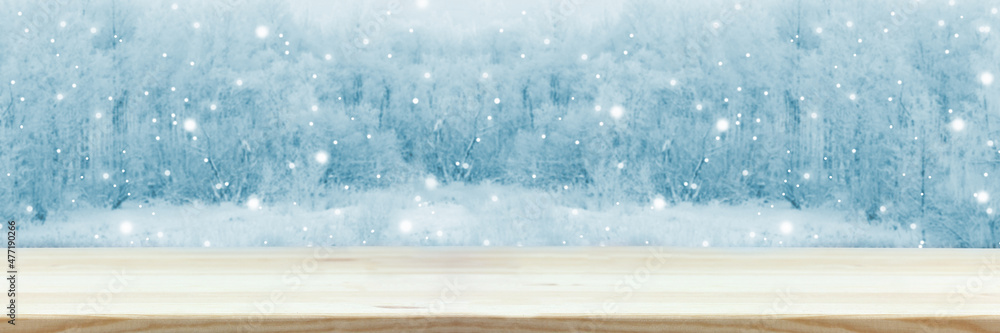 Obraz premium empty table on a winter background. space for your object. table