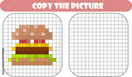 copy the picture, pixel art, burger cartoon,  drawing skills training, educational paper game for children, kids preschool activity, printable worksheet, burger vector illustration