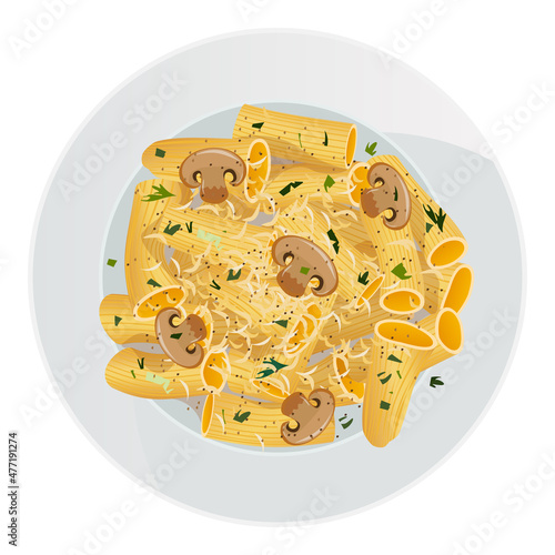 Vector top view rigatoni macaroni with cheese, mushrooms, parsley in plate isolated on white background.
