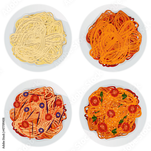 Vector set of top view pasta with greens, sauce, ketchup, tomatoes, carrots, purple cabbage, olives, seasoning in plate isolated on white background.
