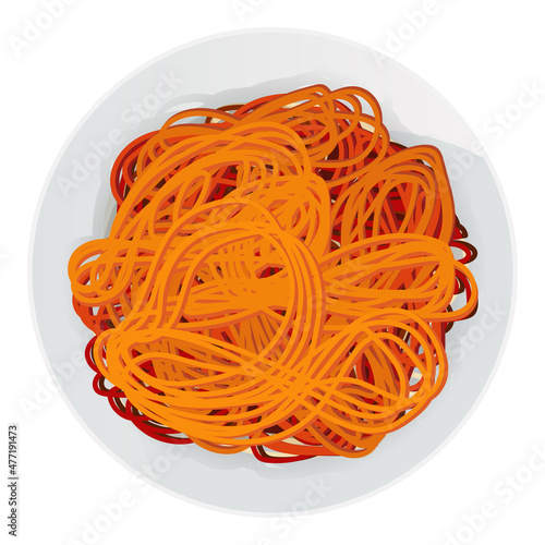 Tangled spaghetti. Asian noodles. Vector illustration of long red pasta in plate isolated on white background. Cartoon macaroni.
