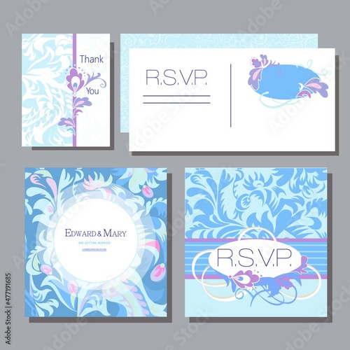 wedding invitation card with naive motives in blue colors