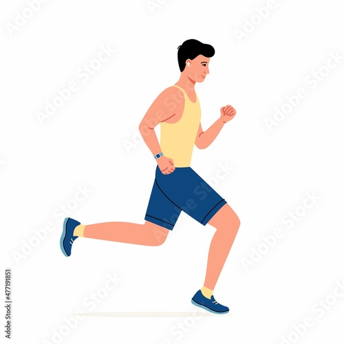 Adult man with smart watch and headphones running or jogging. Workout excercise. Marathon athlete doing sprint - Simple flat vector illustration.