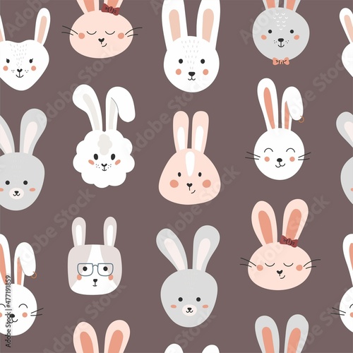 Childish seamless pattern with funny bunny faces on white background. Backdrop with cute rabbits. Flat cartoon trendy scandinavian vector illustration.