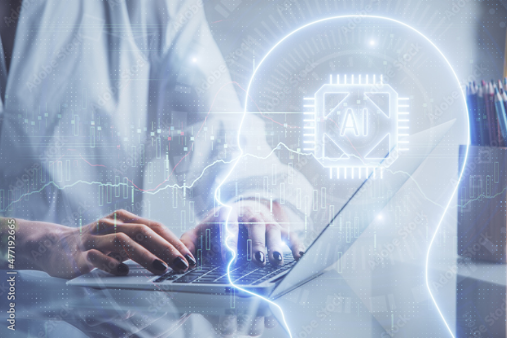 Double exposure of woman hands working on computer and brain hologram drawing. Ai concept. Double exposure of woman hands working on computer and brain hologram drawing. Ai concept.