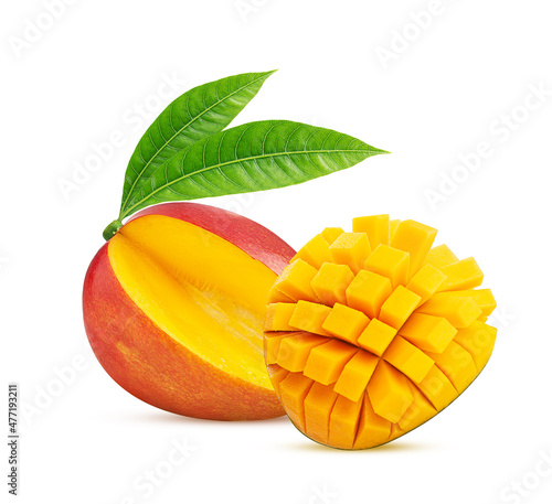Mango exotic friut three quarters one cut in half cubes with green leaf
