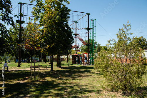Children's rope climbing park. Children's amusement park. Climbing park.