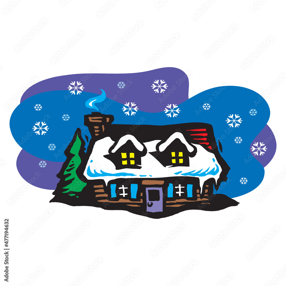 Residential houses with christmas decoration at night. Vector cartoon winter landscape with street in suburb district, cottages with snow on roofs in EPS10