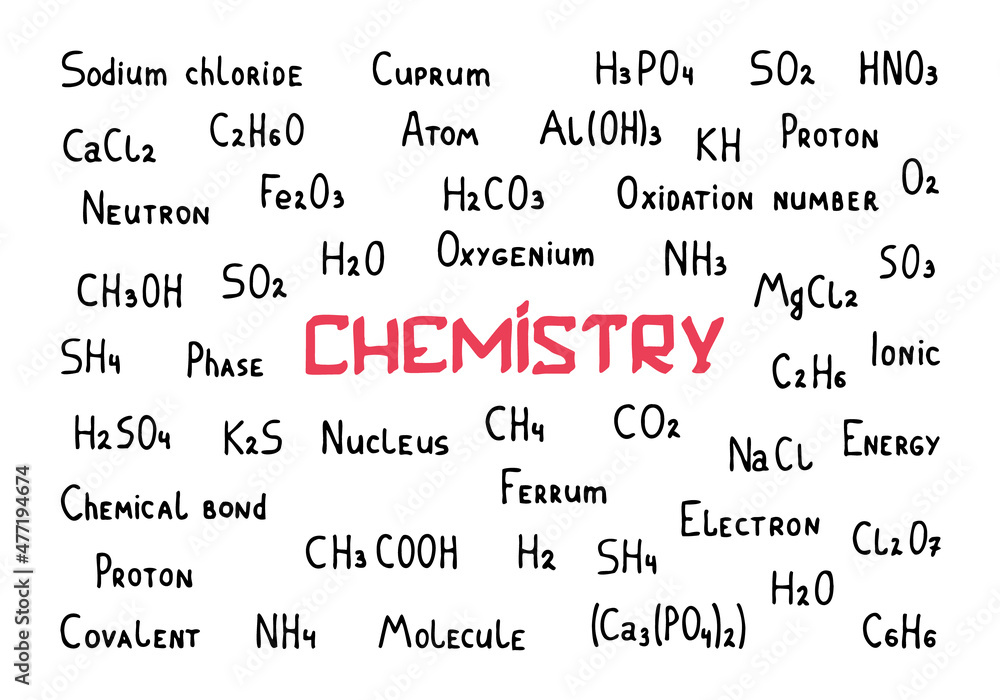 Chemical theme background with chemical formulas in doodle style. The inscription 
