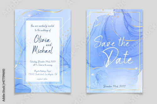 Abstract turquoise and teal blue liquid marbled watercolor background with wave pattern and golden cracks. Cyan alcohol ink marbled drawing effect. Vector illustration design template for invitation