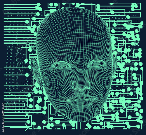 3D low poly wireframe model of a human head. Conceptual image of AI (artificial intelligence), VR (virtual reality), Deep Learning and Face recognition systems.