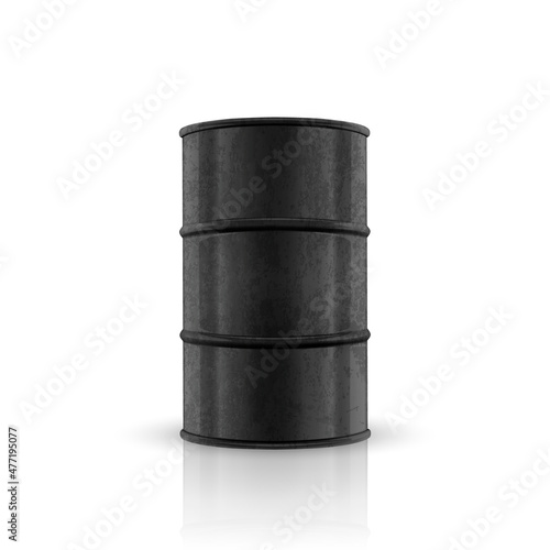 Vector 3d Barrel of Oil. Black Steel Simple Glossy Metal Enamel Barrel. Fuel, Gasoline, Oil Barrel Icon Isolated. Design Template for Mockup. Front View