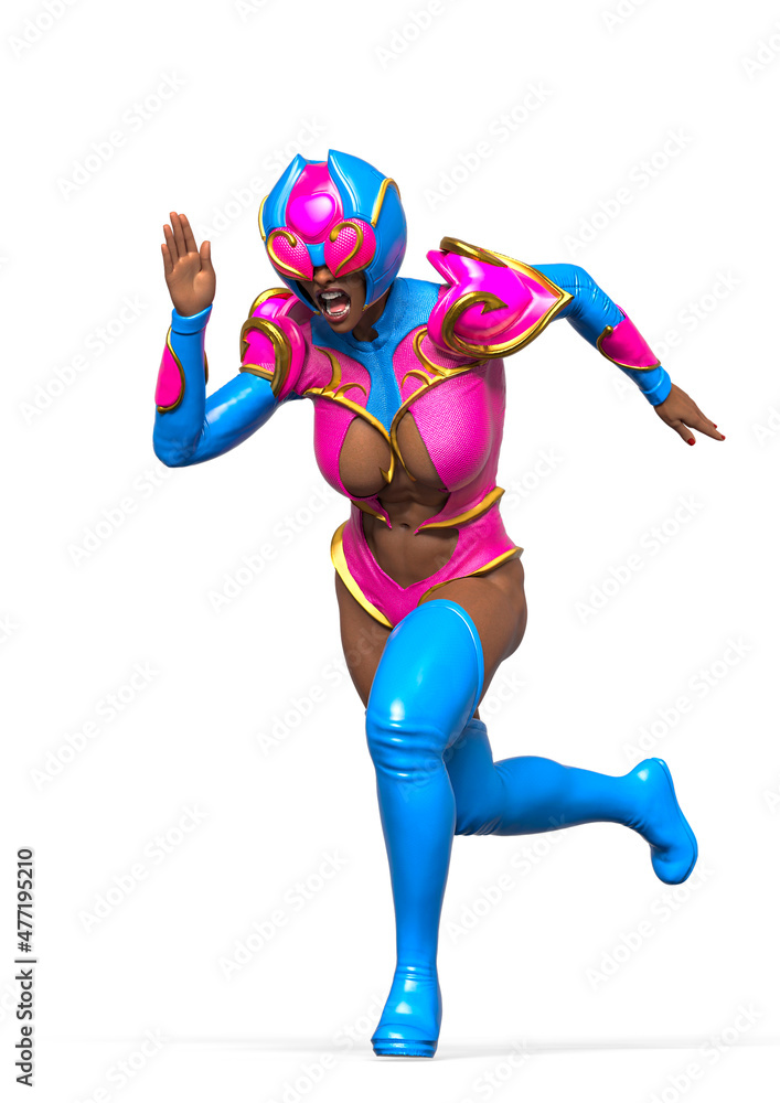 superheroine is running in action on white background
