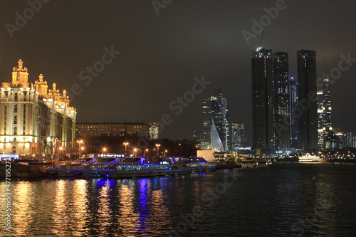 Krasnopresnenskaya embankment  view of the Radisson Collection Hotel and International business center  Moscow-City   Moscow. Russia