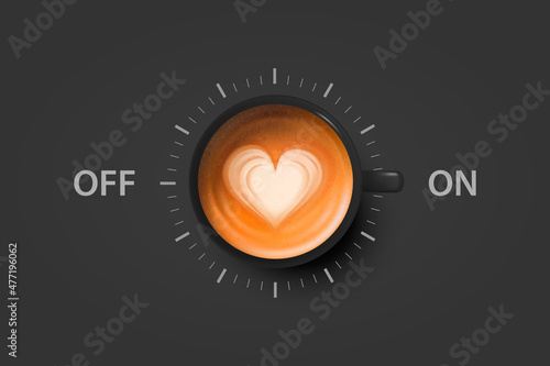 Vector 3d Realistic Off, On Switch with Milk Foam Coffee in Black Ceramic, Porcelain Coffee Mug, Foam Pattern. Capuccino, Latte. Concept Creative Banner with Coffee Cup. Design Template. Top View