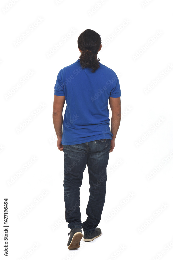 rear view of a man dressed in casual clothes with ponytail on white background rear view of a man dressed in casual clothes with ponytail on white background