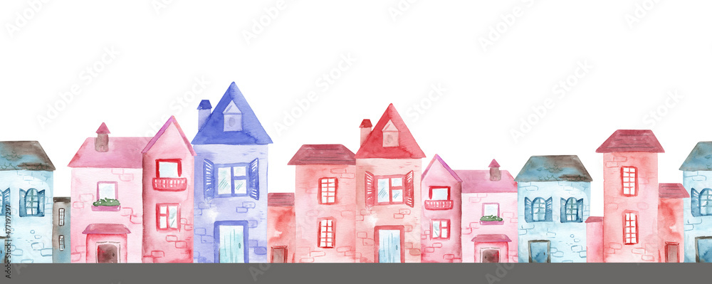 Watercolor seamless pattern. City landscape. Pink and blue houses. Banner for decoration.