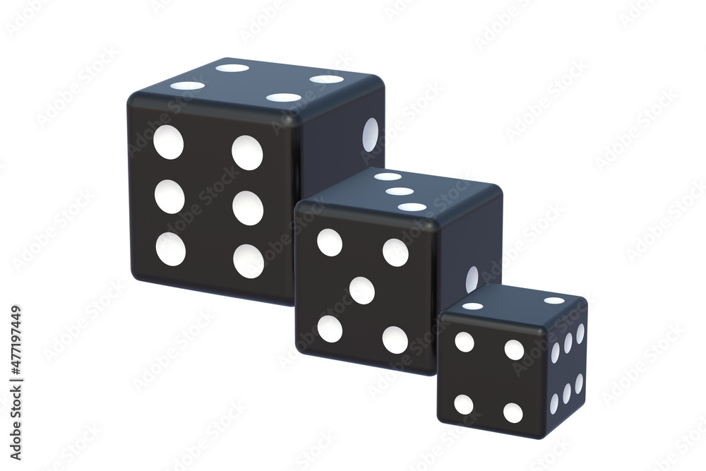 Black dice from small to large isolated on white background. 3d render Black dice from small to large isolated on white background. 3d render