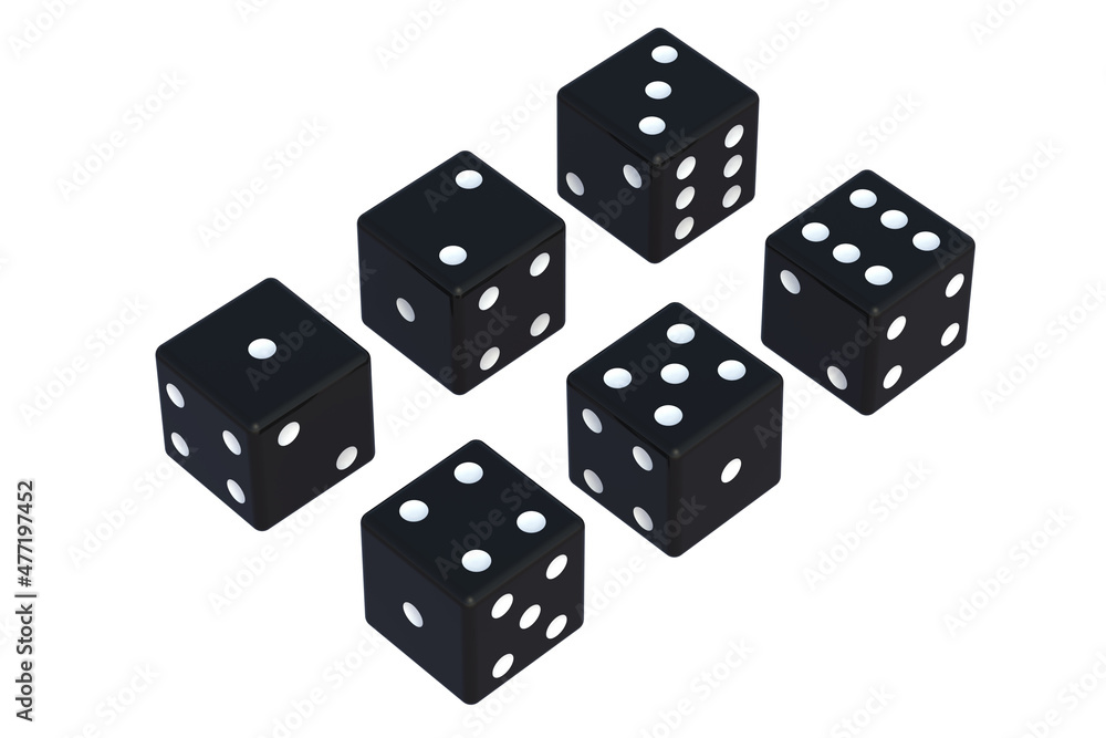 Set of black dice isolated on white background. 3d render Set of black dice isolated on white background. 3d render