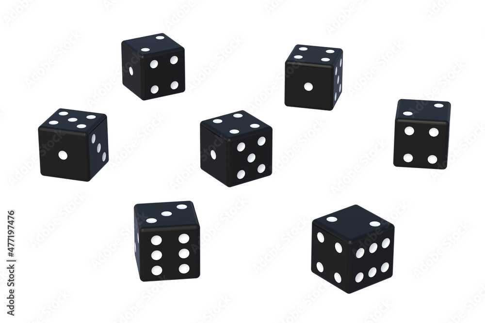 Scattered black dice isolated on white background. 3d render Scattered black dice isolated on white background. 3d render