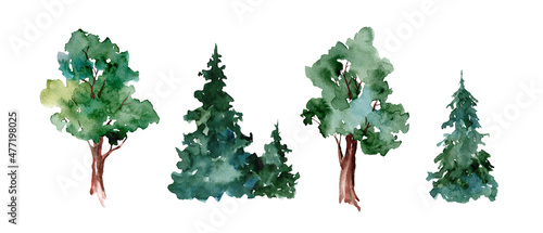 Set of watercolor illustrations. Green summer trees and Christmas trees hand-drawn. Landscape, nature, garden, architectural element isolated on white background; ecologicaly clean.  photo