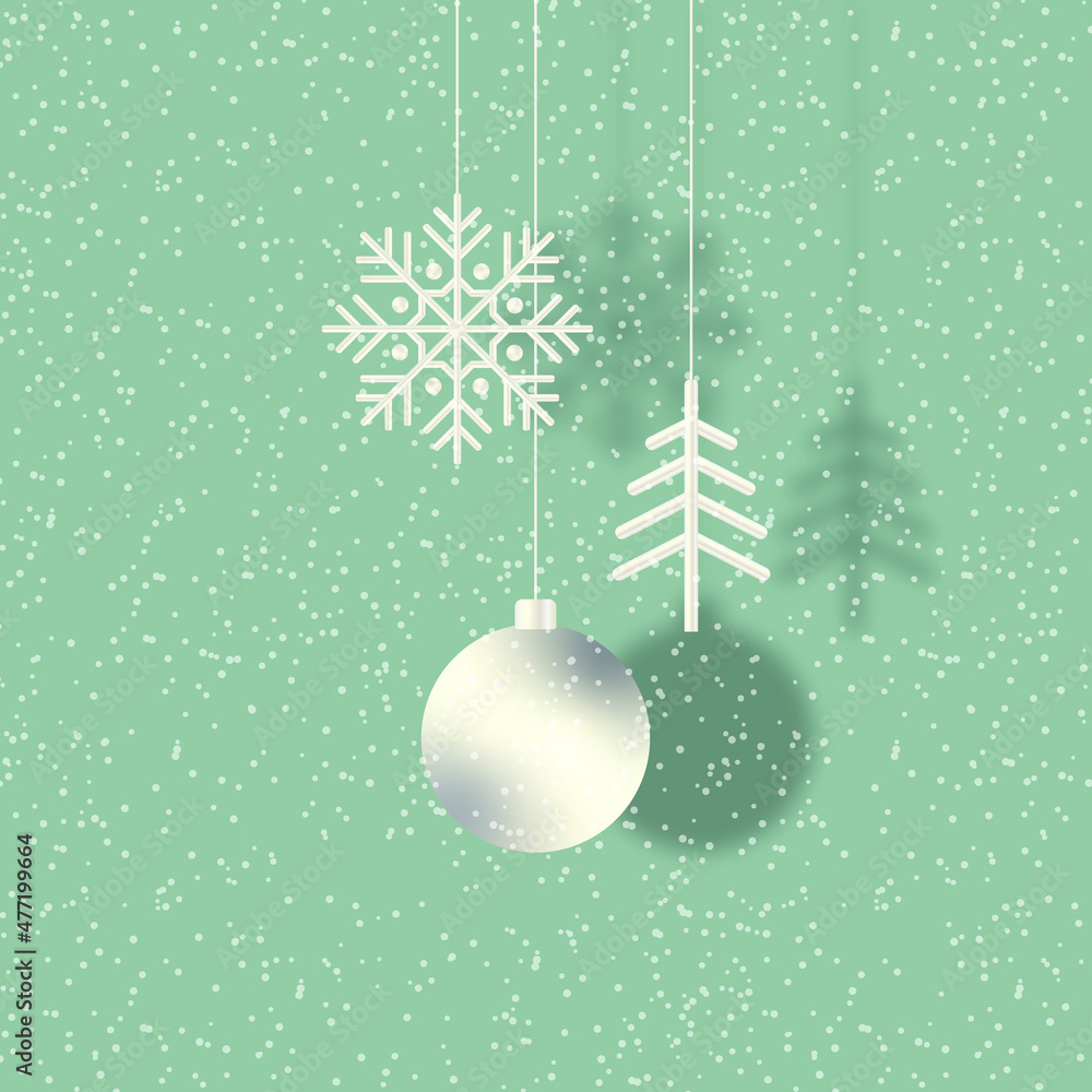 Happy new year greeting card with a silver ball, a tree and a snowflake giving a shadow on a blue background. Festive Christmas banner. Modern winter illustrations. Vector Happy new year greeting card with a silver ball, a tree and a snowflake giving a shadow on a blue background. Festive Christmas banner. Modern winter illustrations. Vector