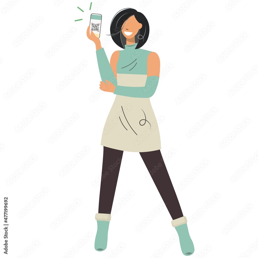 Happy girl holds a phone in her hands and shows a QR code. Health passport on a smartphone. Electronic certificate of vaccination. Mobile screen with QR code. Vector isolated illustration. Flat style Happy girl holds a phone in her hands and shows a QR code. Health passport on a smartphone. Electronic certificate of vaccination. Mobile screen with QR code. Vector isolated illustration. Flat style