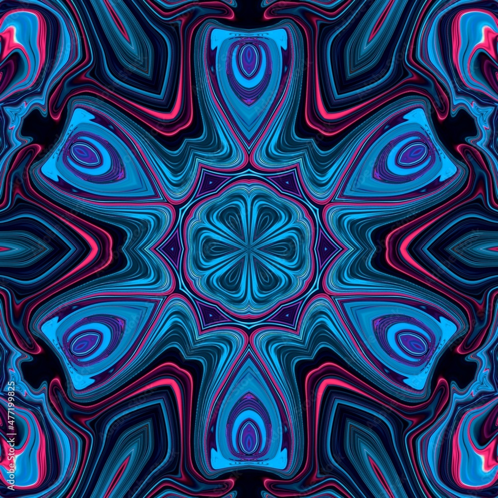 Blue neon glow floral pattern 3d kaleidoscope with geometric shapes and lines. Elegant technological cyber computer vibes matrix hypnotic equaliser tile ornament party decoration design. Blue neon glow floral pattern 3d kaleidoscope with geometric shapes and lines. Elegant technological cyber computer vibes matrix hypnotic equaliser tile ornament party decoration design.