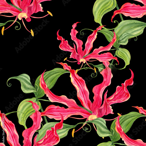 Garden flowers. Gloriosa. Flowers, leaves and buds of gloriosis. Seamless pattern. Use printed materials, signs, items, websites, maps, posters, postcards, packaging. photo