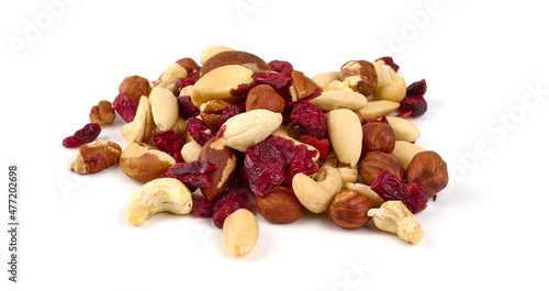 Mix of nuts and dried berries, isolated on white background.