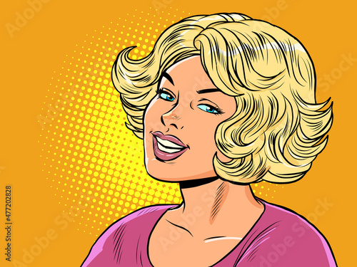 Blonde woman smiling, beautiful people. Portrait of a girl with a short haircut