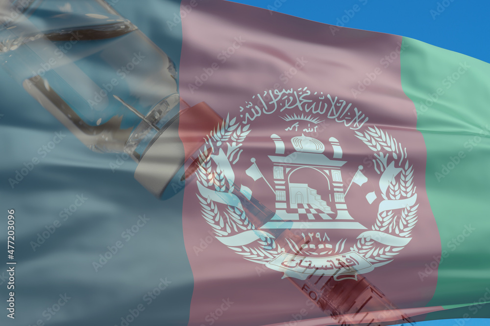 Corona virus vaccine and Afghanistan flag, Vaccines and syringes on a light blue background