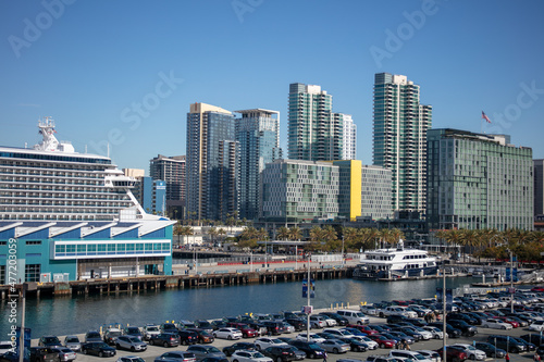 A View of the San Diego Downtown Area from a Boat on Coronado Bay with the Famous Skyscraper Skyline and the Cruise Terminal on the Embarcadero