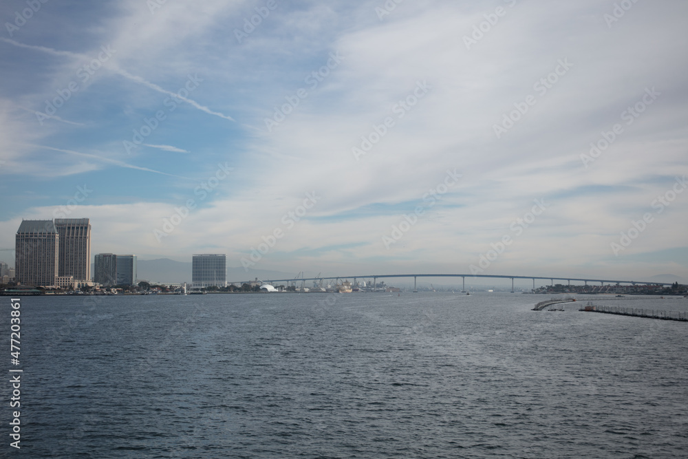  A View of the San Diego, California, Downtown Area from a Boat on Coronado Bay with the Coronado Bridge in the Background