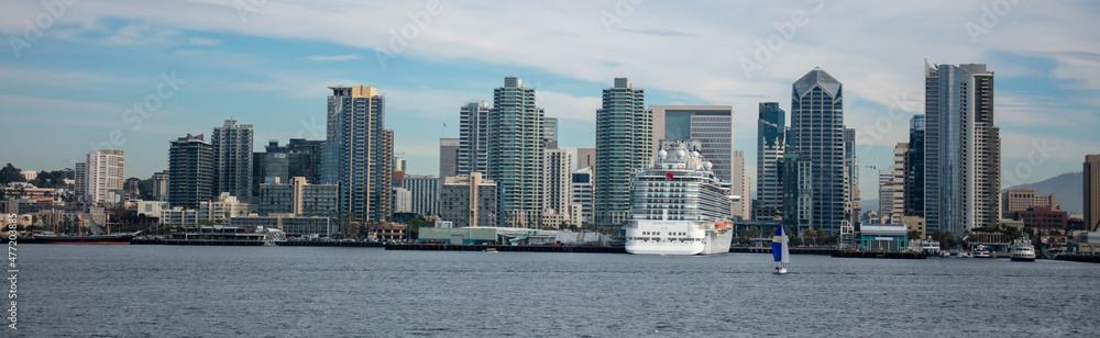 A View of the San Diego Embarcadero Downtown Skyline with One America Plaza Looking at the Skyline and the USS Midway Museum and a Cruise Ship Moored  at the Dock