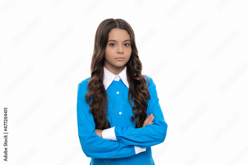 serious child long curly hair isolated on white, portrait