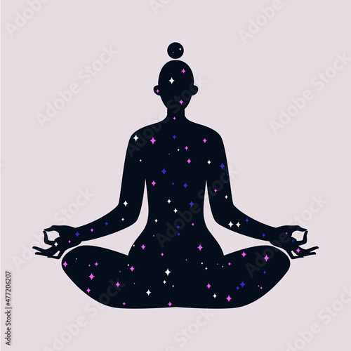 Female silhouette in the lotus position. Inside the body is a night starry sky with twinkling stars. Woman trapped in space. Color vector illustration of a girl in harmony.