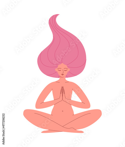 The woman is sitting in the lotus position, hands are connected. The woman is meditating. Color vector illustration of a girl in harmony with herself and the world around.